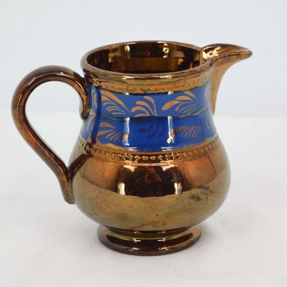 Staffordshire Copper Lustreware Creamer 3 1/4" tall Pitcher Blue Band Bead FLAW